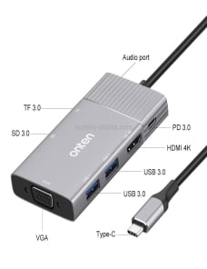 Onten 95113 8 en 1 USB 3.0 x2 + SD / TF + HDMI / VGA + Jack de 3.5 mm + Tipo-C / USB-C (PD 3.0) Estación de acoplamiento conve