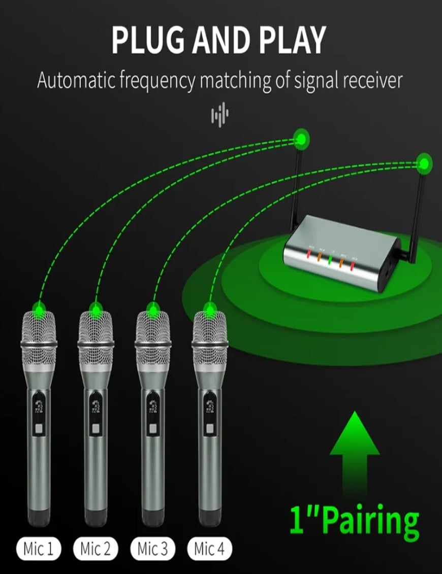 Sistema de micrófono inalámbrico UHF, juego de micrófono inalámbrico de 4  canales con 4 micrófonos de mano de metal, frecuencia fija, largo alcance