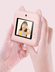 P1 16GB Niños Polaroid Cámara 1200W Frente y trasera Dual-Lente Mini Imprimir Fotográfico Digital Digital Juguete (gato rosa