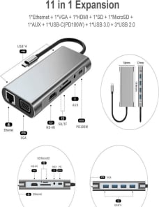 USB C HUB, adaptador USB C 11 en 1 Dongle con 4K HDMI, VGA, tipo C PD, USB3.0, RJ45 Ethernet, lector de tarjetas SD/TF, AUX de 