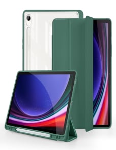Para-Samsung-Galaxy-Tab-S9-Funda-para-tableta-de-cuero-inteligente-acrilica-de-3-pliegues-verde-oscuro-EDA004917502A