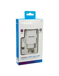 Cargador Philco R2109 2.1A, 2 Puertos USB, Cable USB-C, Blanco